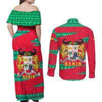 Benin Christmas Couples Matching Off Shoulder Maxi Dress and Long Sleeve Button Shirt with Safari Animals Baobab Tree and National Coat of Arms Design - Wonder Print Shop