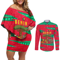 Benin Christmas Couples Matching Off Shoulder Short Dress and Long Sleeve Button Shirt with Safari Animals Baobab Tree and National Coat of Arms Design - Wonder Print Shop