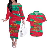 Benin Christmas Couples Matching Off The Shoulder Long Sleeve Dress and Hawaiian Shirt with Safari Animals Baobab Tree and National Coat of Arms Design - Wonder Print Shop