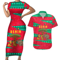 Benin Christmas Couples Matching Short Sleeve Bodycon Dress and Hawaiian Shirt with Safari Animals Baobab Tree and National Coat of Arms Design - Wonder Print Shop