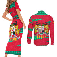 Benin Christmas Couples Matching Short Sleeve Bodycon Dress and Long Sleeve Button Shirt with Safari Animals Baobab Tree and National Coat of Arms Design - Wonder Print Shop