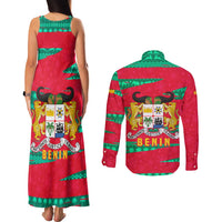 Benin Christmas Couples Matching Tank Maxi Dress and Long Sleeve Button Shirt with Safari Animals Baobab Tree and National Coat of Arms Design - Wonder Print Shop
