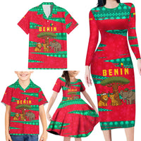 Benin Christmas Family Matching Long Sleeve Bodycon Dress and Hawaiian Shirt with Safari Animals Baobab Tree and National Coat of Arms Design - Wonder Print Shop