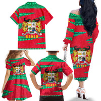 Benin Christmas Family Matching Off The Shoulder Long Sleeve Dress and Hawaiian Shirt with Safari Animals Baobab Tree and National Coat of Arms Design - Wonder Print Shop