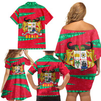 Benin Christmas Family Matching Off Shoulder Short Dress and Hawaiian Shirt with Safari Animals Baobab Tree and National Coat of Arms Design - Wonder Print Shop
