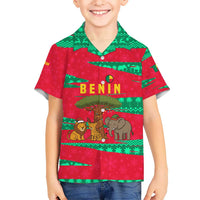 Benin Christmas Kid Hawaiian Shirt with Safari Animals Baobab Tree and National Coat of Arms Design - Wonder Print Shop