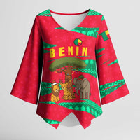 Benin Christmas Kimono Sleeve Blouse with Safari Animals Baobab Tree and National Coat of Arms Design - Wonder Print Shop