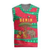 Benin Christmas Knitted V-Neck Vest with Safari Animals Baobab Tree and National Coat of Arms Design - Wonder Print Shop