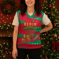 Benin Christmas Knitted V-Neck Vest with Safari Animals Baobab Tree and National Coat of Arms Design - Wonder Print Shop
