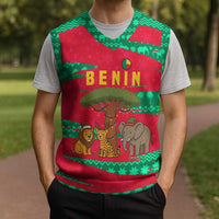 Benin Christmas Knitted V-Neck Vest with Safari Animals Baobab Tree and National Coat of Arms Design - Wonder Print Shop