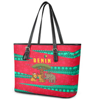 Benin Christmas Leather Tote Bag with Safari Animals Baobab Tree and National Coat of Arms Design - Wonder Print Shop