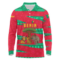 Benin Christmas Long Sleeve Polo Shirt with Safari Animals Baobab Tree and National Coat of Arms Design - Wonder Print Shop