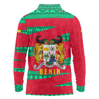 Benin Christmas Long Sleeve Polo Shirt with Safari Animals Baobab Tree and National Coat of Arms Design - Wonder Print Shop