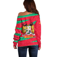 Benin Christmas Off Shoulder Sweater with Safari Animals Baobab Tree and National Coat of Arms Design - Wonder Print Shop