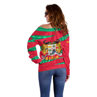 Benin Christmas Off Shoulder Sweater with Safari Animals Baobab Tree and National Coat of Arms Design - Wonder Print Shop