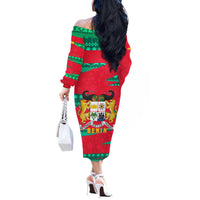 Benin Christmas Off The Shoulder Long Sleeve Dress with Safari Animals Baobab Tree and National Coat of Arms Design - Wonder Print Shop