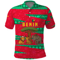 Benin Christmas Polo Shirt with Safari Animals Baobab Tree and National Coat of Arms Design - Wonder Print Shop