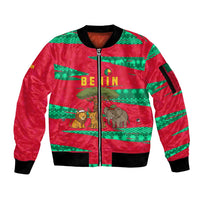 Benin Christmas Sleeve Zip Bomber Jacket with Safari Animals Baobab Tree and National Coat of Arms Design - Wonder Print Shop