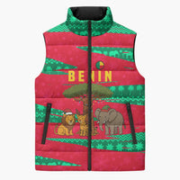 Benin Christmas Sleeveless Puffer Jacket with Safari Animals Baobab Tree and National Coat of Arms Design - Wonder Print Shop