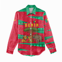 Benin Christmas Women Casual Shirt with Safari Animals Baobab Tree and National Coat of Arms Design - Wonder Print Shop