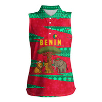 Benin Christmas Women Sleeveless Polo Shirt with Safari Animals Baobab Tree and National Coat of Arms Design - Wonder Print Shop