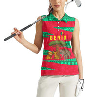 Benin Christmas Women Sleeveless Polo Shirt with Safari Animals Baobab Tree and National Coat of Arms Design - Wonder Print Shop