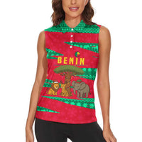Benin Christmas Women Sleeveless Polo Shirt with Safari Animals Baobab Tree and National Coat of Arms Design - Wonder Print Shop