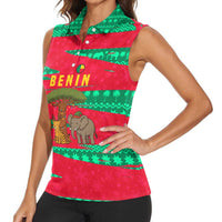 Benin Christmas Women Sleeveless Polo Shirt with Safari Animals Baobab Tree and National Coat of Arms Design - Wonder Print Shop