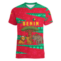 Benin Christmas Women V-Neck T-Shirt with Safari Animals Baobab Tree and National Coat of Arms Design - Wonder Print Shop