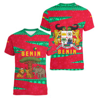 Benin Christmas Women V-Neck T-Shirt with Safari Animals Baobab Tree and National Coat of Arms Design - Wonder Print Shop