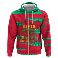 Benin Christmas Zip Hoodie with Safari Animals Baobab Tree and National Coat of Arms Design - Wonder Print Shop