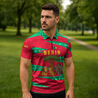 Benin Christmas Zipper Polo Shirt with Safari Animals Baobab Tree and National Coat of Arms Design - Wonder Print Shop
