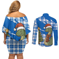 Scotland Christmas Couples Matching Off Shoulder Short Dress and Long Sleeve Button Shirt with Nessie Santa Hat and Blue Tartan Tree - Wonder Print Shop