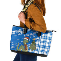 Scotland Christmas Leather Tote Bag with Nessie Santa Hat and Blue Tartan Tree - Wonder Print Shop