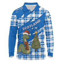 Scotland Christmas Long Sleeve Polo Shirt with Nessie Santa Hat and Blue Tartan Tree - Wonder Print Shop