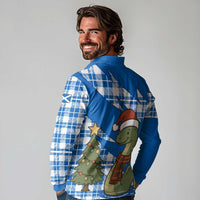 Scotland Christmas Long Sleeve Polo Shirt with Nessie Santa Hat and Blue Tartan Tree - Wonder Print Shop