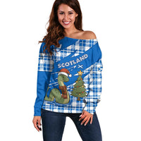 Scotland Christmas Off Shoulder Sweater with Nessie Santa Hat and Blue Tartan Tree - Wonder Print Shop
