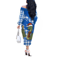 Scotland Christmas Off The Shoulder Long Sleeve Dress with Nessie Santa Hat and Blue Tartan Tree - Wonder Print Shop