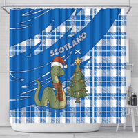 Scotland Christmas Shower Curtain with Nessie Santa Hat and Blue Tartan Tree - Wonder Print Shop
