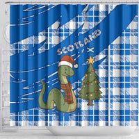 Scotland Christmas Shower Curtain with Nessie Santa Hat and Blue Tartan Tree - Wonder Print Shop