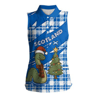 Scotland Christmas Women Sleeveless Polo Shirt with Nessie Santa Hat and Blue Tartan Tree - Wonder Print Shop