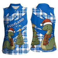 Scotland Christmas Women Sleeveless Polo Shirt with Nessie Santa Hat and Blue Tartan Tree - Wonder Print Shop