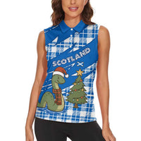Scotland Christmas Women Sleeveless Polo Shirt with Nessie Santa Hat and Blue Tartan Tree - Wonder Print Shop