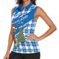 Scotland Christmas Women Sleeveless Polo Shirt with Nessie Santa Hat and Blue Tartan Tree - Wonder Print Shop