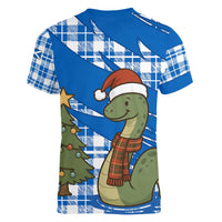 Scotland Christmas Women V-Neck T-Shirt with Nessie Santa Hat and Blue Tartan Tree - Wonder Print Shop