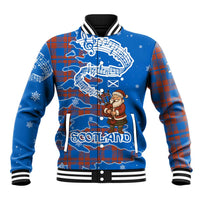Scotland Christmas Baseball Jacket with Santa Playing Bagpipes and Blue Red Tartan Music Notes - Wonder Print Shop