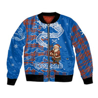 Scotland Christmas Bomber Jacket with Santa Playing Bagpipes and Blue Red Tartan Music Notes - Wonder Print Shop