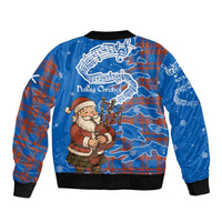 Scotland Christmas Bomber Jacket with Santa Playing Bagpipes and Blue Red Tartan Music Notes - Wonder Print Shop