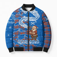 Scotland Christmas Bomber Puffer Jacket with Santa Playing Bagpipes and Blue Red Tartan Music Notes - Wonder Print Shop