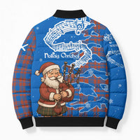 Scotland Christmas Bomber Puffer Jacket with Santa Playing Bagpipes and Blue Red Tartan Music Notes - Wonder Print Shop